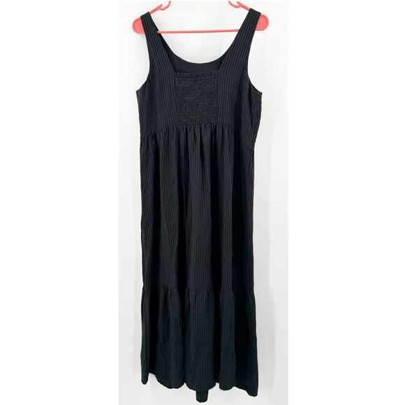 J. Jill Dress SZ Petite Medium Tiered Flounce Hem Midi Blk Gray Stripe Cotton - Picture 4 of 16